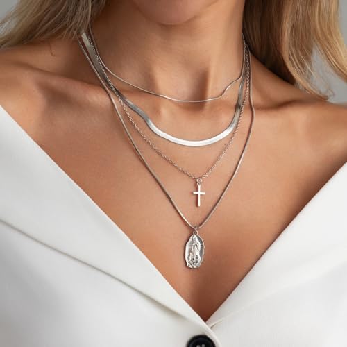 Gold Layered Necklace for Women Chunky Stacked Chain Link Paperclip Evil Eye Necklace Trendy Punk Jewelry - color: T-SilverB