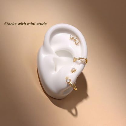 Sterling Silver Ear Cuffs Non Piercing Fake Conch Cuff Earrings for Women | 2 Pcs Adjustable Hypoallergenic Clip On Cartilage Helix Earrings with 5A Cubic Zirconia, 16K Gold Plated/Silver/Rose Gold - color: Gold