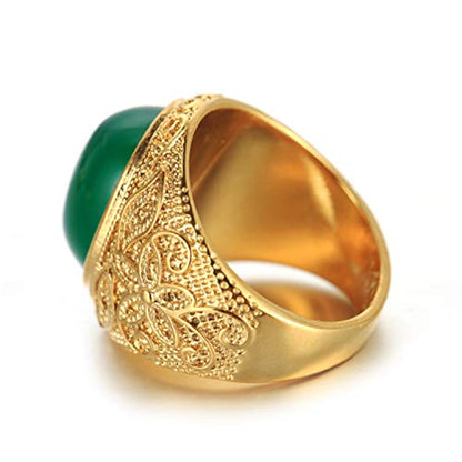 Retro Unisex Stainless Steel Oval Gemstone Hollow Flower Carved Signet Ring - color: Gold-Green