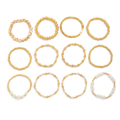 wekicici Golden Bracelet for Women Gold Plated Layered Beads Ball Bracelets Stackable Faux Pearl Bead Bracelet Set Fashion Adjustable Bracelet Set Jewelry for Gifts