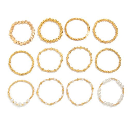 wekicici Golden Bracelet for Women Gold Plated Layered Beads Ball Bracelets Stackable Faux Pearl Bead Bracelet Set Fashion Adjustable Bracelet Set Jewelry for Gifts