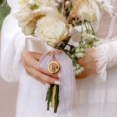 Personalized Photo Wedding Bouquet Charm, Double Sided Round Glass Photo Locket Pendant Pin Brooch, Handmade Memorial Picture Frame Bridal Shower Gift For Bride & Groom - color: Round Small - Rose Gold