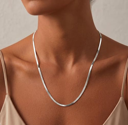 WomenGifts 14K Gold Silver Plated Herringbone Necklace for Women, Dainty Snake Chain Choker, Trendy Simple Long Layered Jewelry Non Tarnish, 3/4/5/8mm,14,16,18,20,22,24,26 Inch Thin & Chunky Options - color: Silver, style: 3mm-18inch