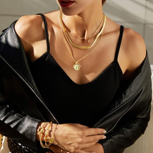 FRUMOS Dainty Layered Choker Necklace 18k gold Plated Y Pendant Commemorative coin Necklace Multilayer Bar Disc Necklace Adjustable Layering Choker Necklaces fashion jewelry for Women Girls - color: Rome Coin Necklace