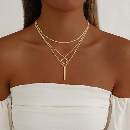 Gold Necklace for Women 14K Gold Plated Layered Cross Bar Necklace Herringbone Figaro Paperclip Flat Chain Cute Charm Accessories Non Tarnish Jewelry Set Gifts for Women - style: R-NK-07-Circle bar-GD