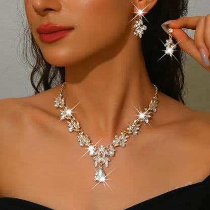 CJIAYUJEW Cubic Zirconia Wedding Jewelry Sets for Bride Bridesmaid Cluster Crystal Teardrop Pendants Jewelry Set Necklace Earring for Brides Bridesmaid for Wedding Party - color: White