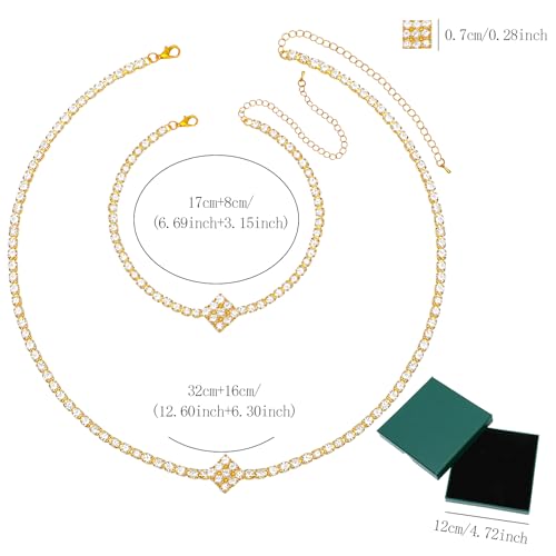 NEWITIN 4 Pieces Crystal Jewelry Set for Women Wedding Costume Accessories | Hypoallergenic, Cubic Zirconia, Necklace Earrings Bracelet, Tennis, Silver Jewelry for Wedding Bride Bridesmaid Party Prom - color: Gold Trendy