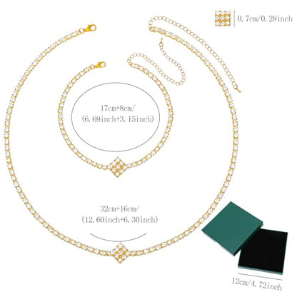 NEWITIN 4 Pieces Crystal Jewelry Set for Women Wedding Costume Accessories | Hypoallergenic, Cubic Zirconia, Necklace Earrings Bracelet, Tennis, Silver Jewelry for Wedding Bride Bridesmaid Party Prom - color: Gold Trendy
