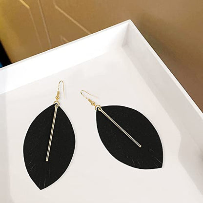 GBAHFY Feather Leather Layered Fringe Earrings for Women Boho Genuine Lightweight Leather Leaf Tassel Dangle Statement Earrings with Metal Bar - color: Black