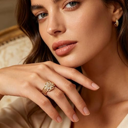 Floral Filigree Ring for Women Gold Chunky Flower Engraved Hollow Carved Vintage Classic Band Statement Rings Promise Engagement Wedding Jewelry Gift