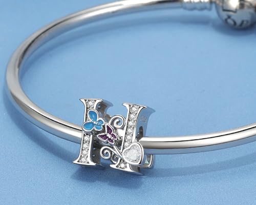 S925 Silver Butterfly Initial Letter Charms Fit for Pandora Charms Bracelets and Necklace Alphabet Bead Charms Jewelry Gifts for Women - color: H