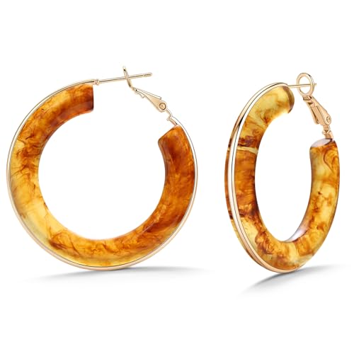 Chunky Gold Resin Hoop Earrings Leverback Statement Huggie Hoops Dangle Drop Dressy Earring Prom Festival Vacation Jewelry for Women - color: Amber, size: Hoop