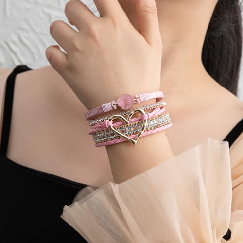 Rantanto Leather Wrap Bracelets For Women Gold Twist Lock Buckle Wrist Cuff | PU leather,Skin-friendly,Boho Stackable Wristband,Fashion Daily Jewelry,Trend Casual Party Bangle,Fit For Birthday, Holiday - color: Heart Pink