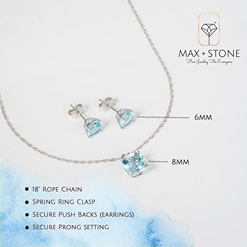 MAX + STONE 14k Gold Plated or Sterling Silver Cushion Cut Gemstone Stud Earrings and Pendant Necklace for Women with 6mm and 8mm Birthstones 18 Inch Chain and Push Backs Jewelry Set - style: Sterling Silver|Genuine Swiss Blue Topaz