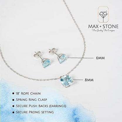 MAX + STONE 14k Gold Plated or Sterling Silver Cushion Cut Gemstone Stud Earrings and Pendant Necklace for Women with 6mm and 8mm Birthstones 18 Inch Chain and Push Backs Jewelry Set - style: Sterling Silver|Genuine Swiss Blue Topaz
