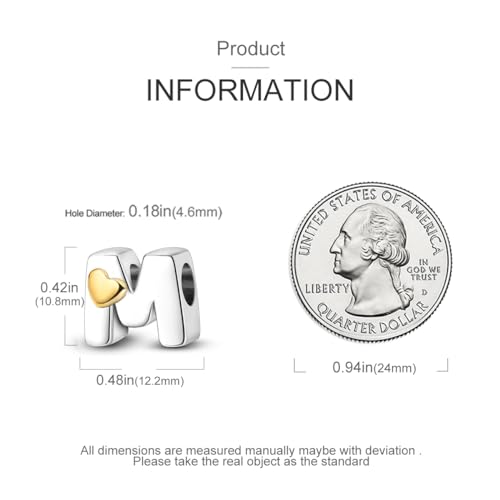 925 Sterling Silver Letter Charms A-Z for Bracelet Necklace Alphabet Bead | Heart letter A B C D G J charm initial gold Pendant beads Jewelry Gift for Women - color: Letter M