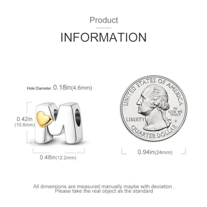 925 Sterling Silver Letter Charms A-Z for Bracelet Necklace Alphabet Bead | Heart letter A B C D G J charm initial gold Pendant beads Jewelry Gift for Women - color: Letter M