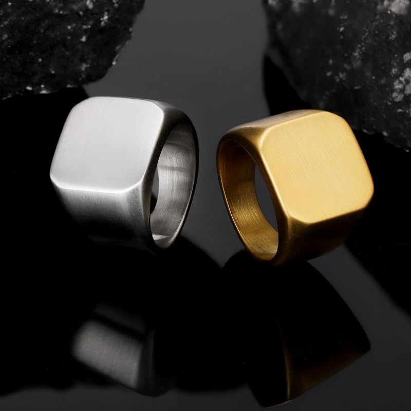 Men's Stainless Steel Square Biker Signet Ring, Black Silver Gold Styles | plain flat top, polished and brushed finish options, chunky profile, pinky or thumb styling, gift-ready for dad or him - color: Silver-Brushed