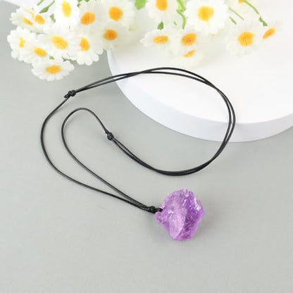 FANASY Natural Raw Crystal Necklace for Women Irregular Stone Necklaces Spiritual Gemstone Pendant with Adjustable Rope - color: Amethyst