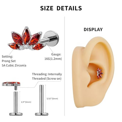 FINE4U 1PC ASTM F136 Titanium 16G Flatback Stud for Tragus, Helix, Conch 6mm 8mm - Screw on Cartilage Earring Piercing Jewelry - color: Flower CZ - Garnet - Tit