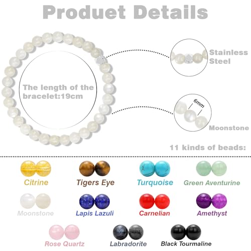 Raicegs 4 6 8MM Beaded Bracelets Healing Crystal Bracelet for Women Men Natural Stone Handmade Stretch Bracelet Reiki Spiritual Jewelry - color: Moonstone, size: 6mm