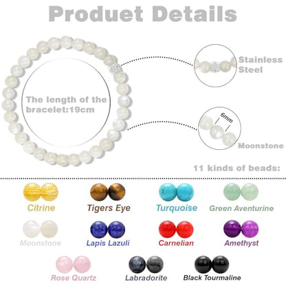 Raicegs 4 6 8MM Beaded Bracelets Healing Crystal Bracelet for Women Men Natural Stone Handmade Stretch Bracelet Reiki Spiritual Jewelry - color: Moonstone, size: 6mm