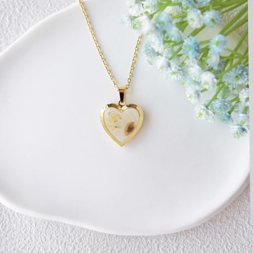 Heart Locket Necklace That Holds Pictures Pressed Flower Photo Locket Pendant Necklace for Girl Women Gift for Her - style: White Daisy