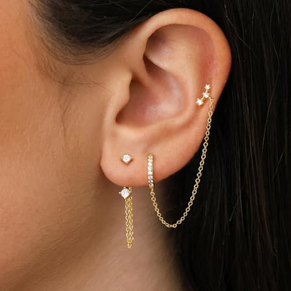 3 Pairs Dainty Small Earrings Set for Women Trendy, Birthstone Stud Huggie Hoop Jacket Stack for Cartilage Helix, Gold Plated Hypoallergenic Cute Women Fashion Accessories Western Jewelry Gifts - color: Gold Plated Chain
