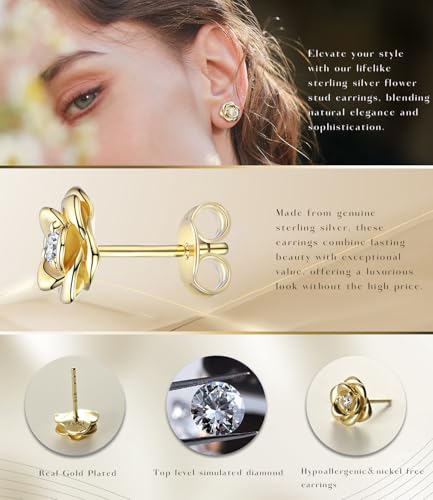Gold Plated Sterling Silver Rose Flower Earring Studs, Hypoallergenic & Nickel Free Earrings for Women - color: Yellow Gold Plated Silver, size: 9.0 Millimeters