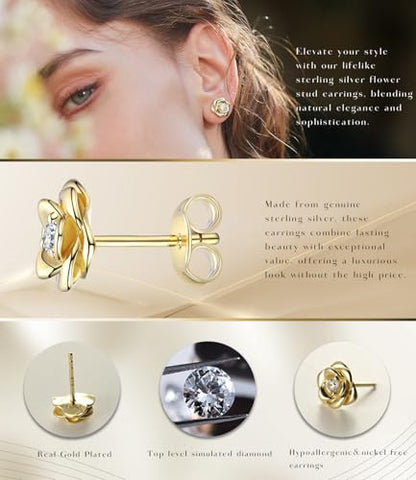 Gold Plated Sterling Silver Rose Flower Earring Studs, Hypoallergenic & Nickel Free Earrings for Women - color: Yellow Gold Plated Silver, size: 9.0 Millimeters