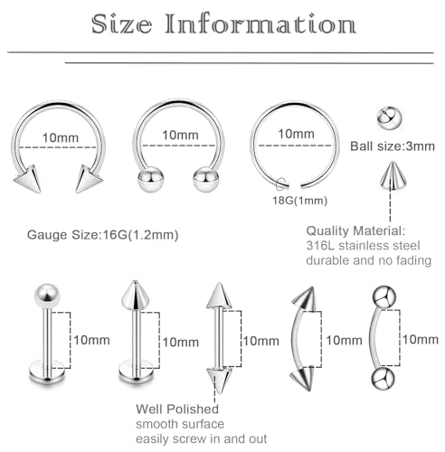 40Pcs Surgical Steel Lip Rings Labret Monroe Barbell Daith Tragus Helix Piercing Septum Nose Ring Eyebrow Body Jewelry for Women Men - color: Silver