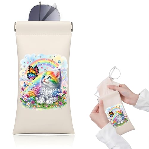 Diamond Art Painting Eye Glass Bag PU Sunglasses Glasses Storage Bag Built-in Glasses Cloth Press Automatic Closure - color: Cat