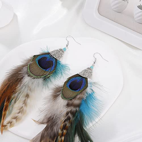 Bohemian Pheasant Peacock Long Feathers Statement Earrings Handmade Natural Lightweight Feather Dangle Earrings for Women (ea000071) - color: Peacock Blue