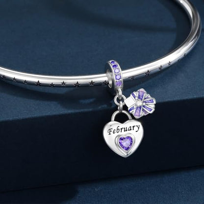 HappyStar 925 Sterling Silver Happy Birthday Bead Charm Love Heart Shape Birthstone Charms for Bracelets Dangle Pendant with 5A Cubic Zirconia Compatible Pandora Bracelets Jewelry Gift for Women - color: 2-February Birthstone Charms