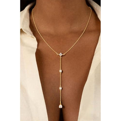Lariat Gold Necklace for Women, 14K Gold Plated Dainty Drop Y Necklace, Waterproof Non Tarnish Long Layered Beaded Chain Lariat Necklace Prom Jewelry Summer Vacation Gift for Her - color: Gold-6