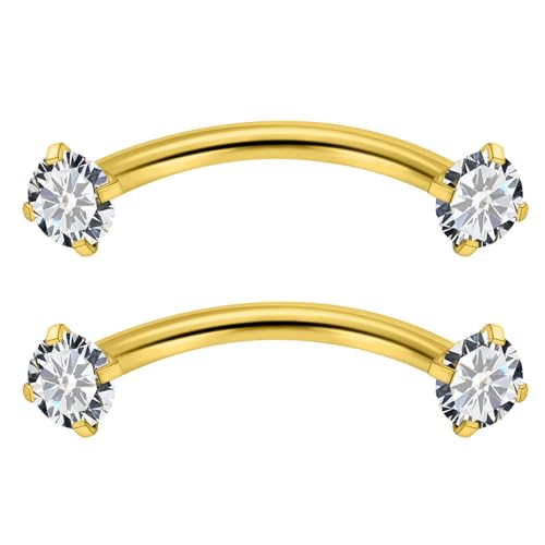 16G Eyebrow Piercing Jewelry Surgical Steel Cubic Zirconia Internally Threaded Vertical Labret Lip Jewelry Curved Barbell Tiny Eyebrow Rings Ear Rook Small Belly Button Ring for Women Men - color: goldtone,bar length:10mm
