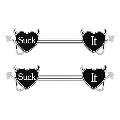 Letter Nipple Ring 14G 316L Surgical Steel Nipple Barbell Heart Shape Devil Body Piercing Jewelry for Women Men - color: Silver