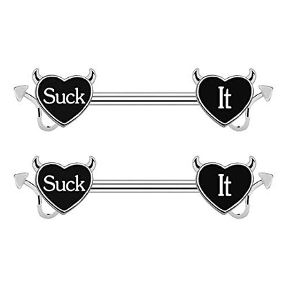 Letter Nipple Ring 14G 316L Surgical Steel Nipple Barbell Heart Shape Devil Body Piercing Jewelry for Women Men - color: Silver