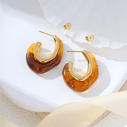 Enamel Hoop Earring for Women 18k Gold Plated Chunky Two-Tone U/C Shaped Earring Enamel Jewelry Gift for Wife Girlfriend - color: Brown 2