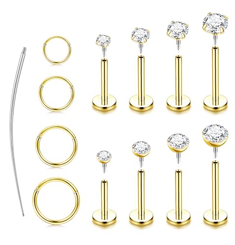 ORAZIO 14K Gold Plated Flat Back Earrings - 16G/18G 316L Surgical Steel Internal Thread CZ Stud Piercing Jewelry for Tragus Helix Cartilage Conch Hypoallergenic Nose Rings Lip Labret Medusa Piercing for Women Men - color: 14K Gold Tone, size: 16G(1.2mm)-B