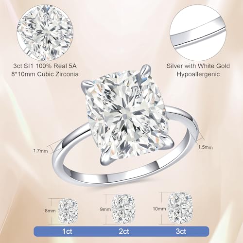AVECON 3CT/5CT Elongated Cushion Cut Engagement Ring for Women, Promise Wedding Cubic Zirconia 14K Gold/White Gold Plated Band Size 5-9 - color: Silver-3CT