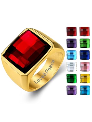 KeyStyle Square Gemstone Signet Rings for Men, Personalized Stainless Steel Pinky Ring with Black Onxy Blue Topaz Birthstone Statement Ring - color: Gold - Custom Stone - 15mm