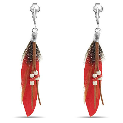 Aloha Earrings-Clip On Real Feather Earrings-Dangle Clip On Earrings Tassel Long Clip Earrings Bohemian - color: Red Feathers