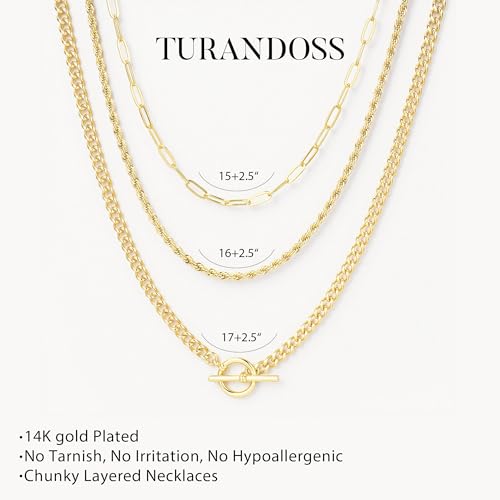 Turandoss Layered Necklaces for Women, 14K Gold Plated Chain Necklace Stack | Non Tarnish Gold Necklaces for Women, Toggle Clasp Herringbone Rope Satellite Cuban Link Chain Necklace, Trendy Jewelry Gifts - color: "paperclip+rope+toggle