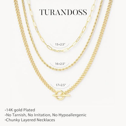 Turandoss Layered Necklaces for Women, 14K Gold Plated Chain Necklace Stack | Non Tarnish Gold Necklaces for Women, Toggle Clasp Herringbone Rope Satellite Cuban Link Chain Necklace, Trendy Jewelry Gifts - color: "paperclip+rope+toggle