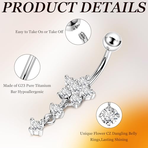 14G G23 Titanium Dangle Belly Button Ring for Women Flower CZ Dangling Belly Rings Cute Dainty Dangly Navel Ring Belly Piercing Jewelry - color: Silver