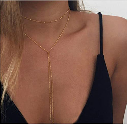 Dainty Gold Necklace for Women, Cute Long Necklace 14K Gold Plated CZ Lips Bead Y Shaped Lariat Necklace Simple Gold Choker Necklace Aesthetic Drop Necklace Trendy Gold Jewelry for Women - color: Gold-Satellite Y Necklace