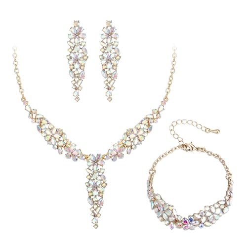 EleQueen Statement Sparkle Crystal Necklace Bracelet Dangle Earrings Set for Women, Art Deco Prom Chandelier Jewelry for Wedding Bridal - color: AB Iridescent-Gold-Plated-Base