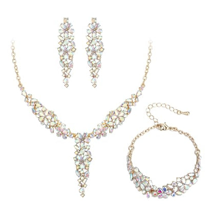 EleQueen Statement Sparkle Crystal Necklace Bracelet Dangle Earrings Set for Women, Art Deco Prom Chandelier Jewelry for Wedding Bridal - color: AB Iridescent-Gold-Plated-Base