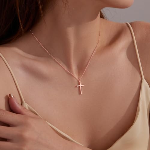 Poxtex Cross Necklace for Women Teen Girls, Dainty 14K Gold Silver Plated Cross Choker Jewelry Non Tarnish Waterproof Cute Simple Small Necklace Christian Baptism Religious Faith Jewelry Gifts - color: 04 Simple Rose Gold Cross Necklace